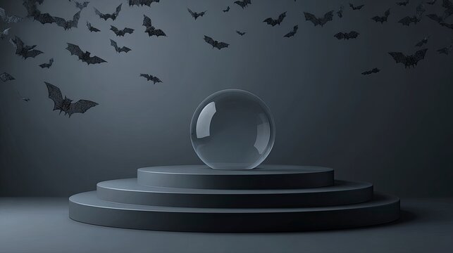 Spooky Halloween podium background with flying bats and a deep dark gray atmosphere, perfect for festive events, parties, and chilling seasonal promotions