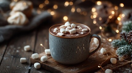 Warm hot chocolate with marshmallows on a cozy wooden table in winter