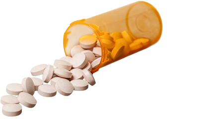 White round tablets spilling from orange prescription pill bottle, pharmaceutical medicine and healthcare concept, isolated on transparent background, PNG.