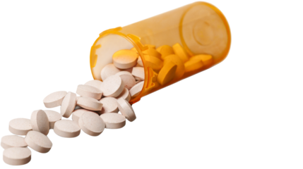 White round tablets spilling from orange prescription pill bottle, pharmaceutical medicine and healthcare concept, isolated on transparent background, PNG.