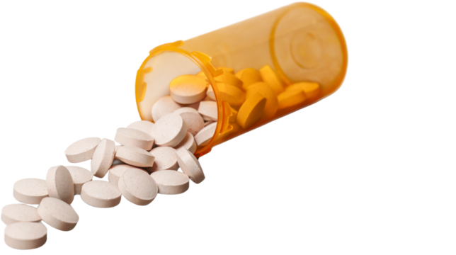 White round tablets spilling from orange prescription pill bottle, pharmaceutical medicine and healthcare concept, isolated on transparent background, PNG. - Powered by Adobe