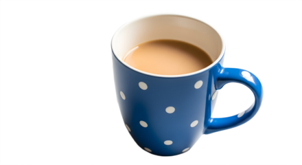A blue polka dot mug filled with tea on transparent background