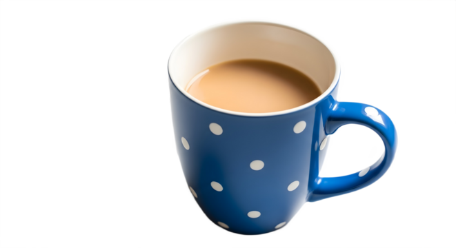 A blue polka dot mug filled with tea on transparent background
