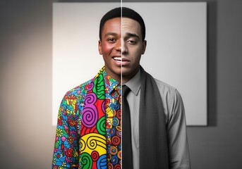 Split portrait of a young man with contrasting emotions. Happy in a colorful shirt versus sad in monochrome formal wear. Duality and mental health concept