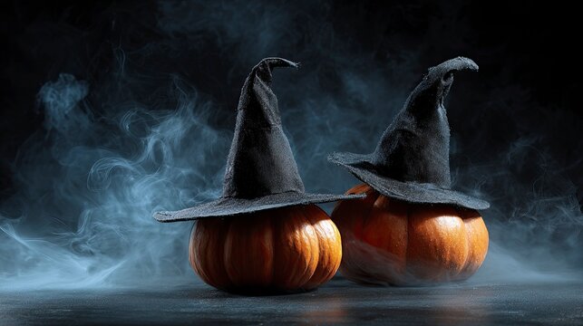 Whimsical Halloween pumpkins adorned with charming witch hats create a festive, magical scene perfect for seasonal decorations, party invitations, and holiday promotions. - Powered by Adobe