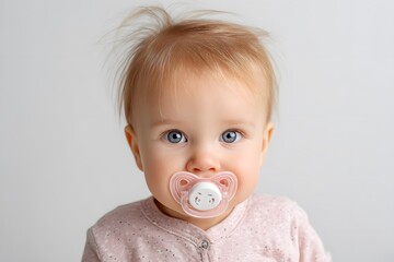 Baby looking directly with a pacifier.
