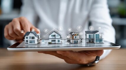 Property Selection: Hands gently present a tablet displaying miniature house models, symbolizing the diverse options available in property selection. - Powered by Adobe