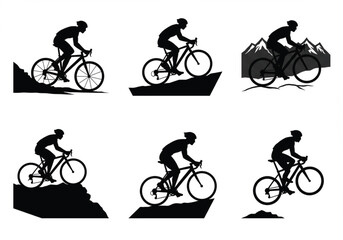 Obraz premium Mountain biker silhouette illustration set showing cycling on rough terrains, adventure sports concept, outdoor mountain biking vector collection for design and decoration