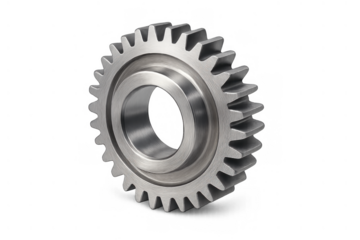 Metal spur gear component on a transparent background, depicting concepts like mechanical power, teamwork, and business solution