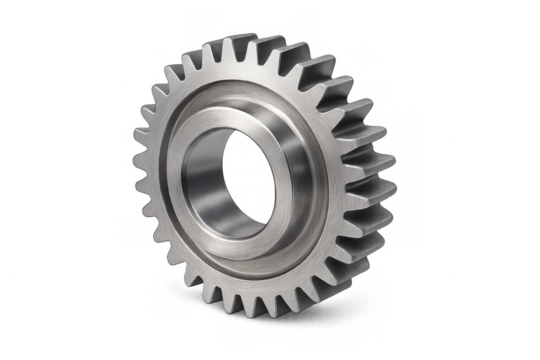 Metal spur gear component on a transparent background, depicting concepts like mechanical power, teamwork, and business solution