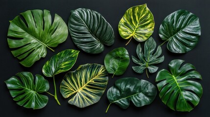 Tropical Leaf Collection: A Lush Arrangement of Exotic Foliage on Dark Background