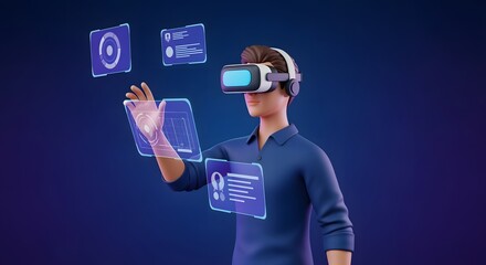 Immersive 3D render of user navigating virtual world surrounded by holographic projections.