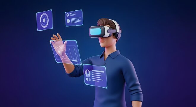 Immersive 3D render of user navigating virtual world surrounded by holographic projections.