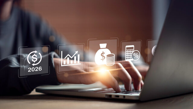 Budget planning and cost analysis concept with hands typing on laptop, showing rising financial graph, data dashboard, and target icons for 2026 business management and strategic forecasting.