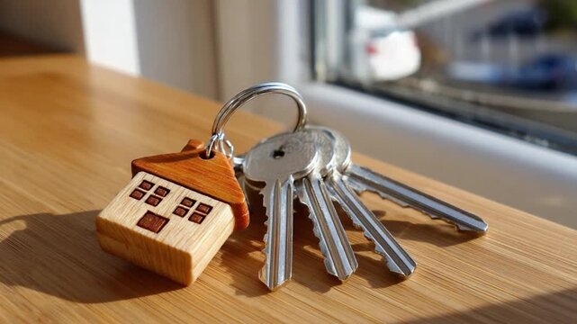 Home Ownership: A close-up shot of keys featuring a wooden house keychain rests on a wooden table near a window, symbolizing new beginnings, property, and ownership.