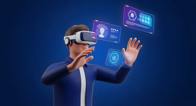 Digital man avatar in deep blue and purple tones reaching toward floating virtual displays.