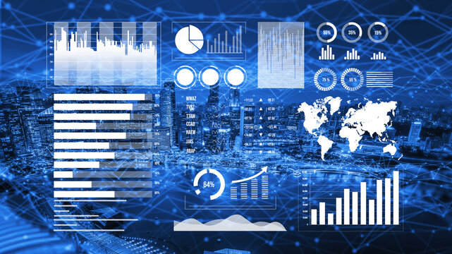 This image showcases a modern data visualization concept featuring various graphs, charts, and a global map overlaying a vibrant city skyline at night. Impute