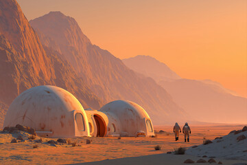 Two Astronauts Walking Towards Their Habitat Dome Colony Base on the Dusty Red Surface of Planet Mars at Sunset