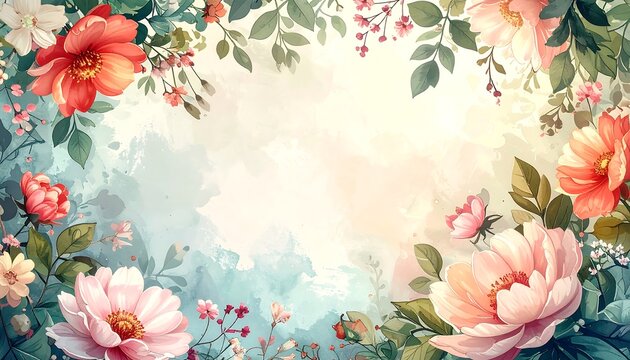 Floral watercolor painting with pink and orange flowers and green leaves.