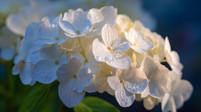 Close up of a white hydrangea flower with water droplets in soft lighting bloom