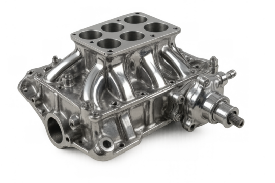 Polished chrome intake manifold assembly for a powerful classic car engine, ready for installation, on a transparent background