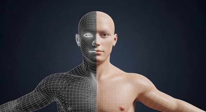 Mesh geometry morphing into lifelike skin tones under soft lighting with futuristic gradient background.