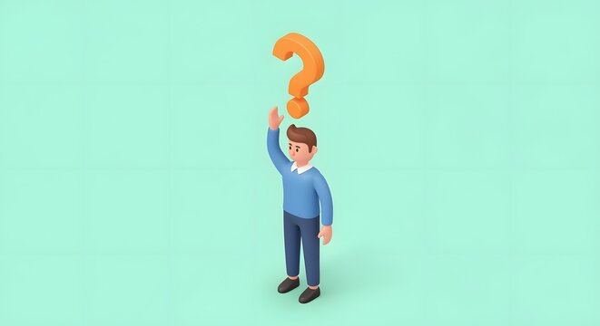 Playful man character holding large question mark above head on bright pastel background in isometric style.