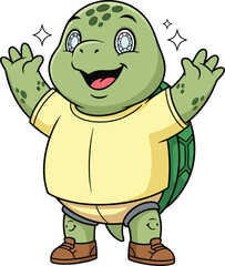 Cute smiling cartoon turtle wearing yellow shirt and shoes, happy green turtle character waving hands, adorable animal mascot illustration