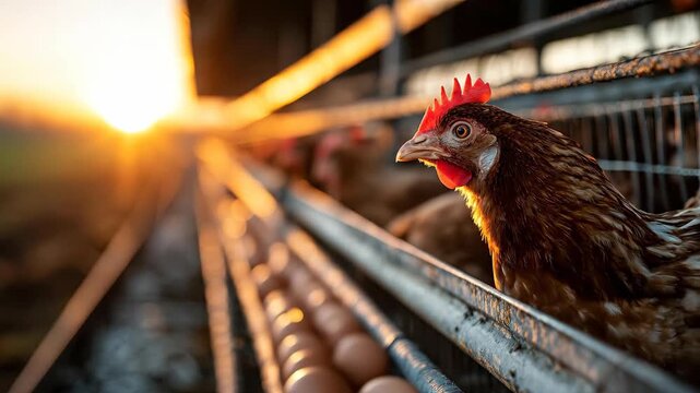 Warm Golden Hour Sunrise Illuminates Row of Chickens in a Cage with Fresh Eggs Below