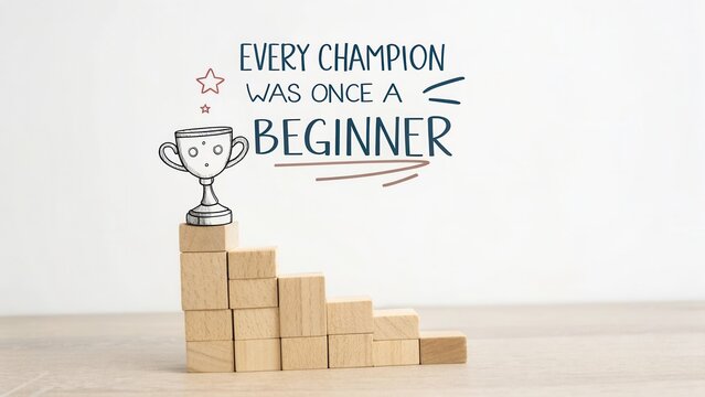 Trophy on wooden block stairs with quote about champions