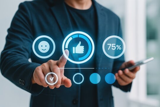 Engaging digital interaction showcasing user feedback metrics modern office space infographic presentation bright environment close-up view technology insights