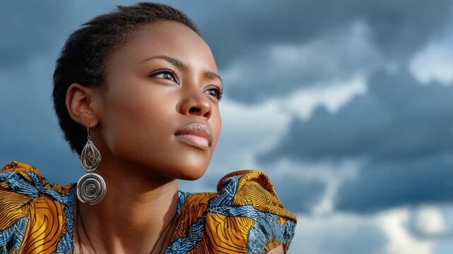 Serene Gaze: A captivating portrait of a woman exudes tranquility, her gaze fixed on the distance.  Her expression tells a story of contemplation against the backdrop of an atmospheric sky.