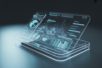 Sleek holographic dashboard displays vibrant futuristic data analytics with graphs and charts for business intelligence and technology innovation
