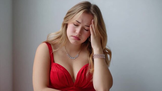 The Weight of Concern: A woman clad in a vibrant red dress, her face etched with concern, sits in a contemplative pose, capturing a moment of personal reflection. 