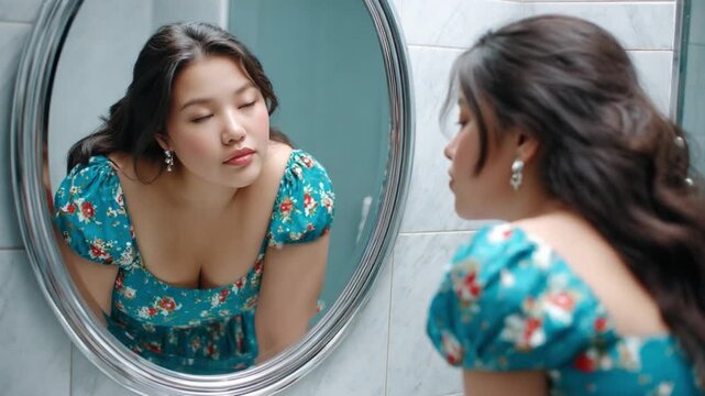 Mirror Reflection: A moment of self-reflection captured as a young woman gazes into a mirror, clad in a floral dress, bathed in a soft light.