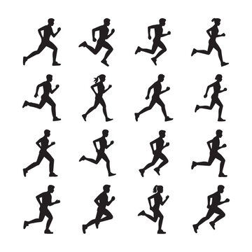 Running silhouette of runners in motion black vector icon set collections