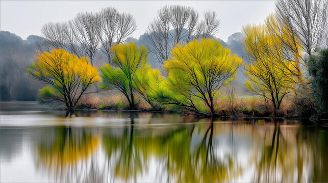 Blurred reflection of trees in lake water, meditative balance, nature abstraction, with copy space.