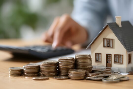 A small house sits next to piles of coins near a calculator showing financial growth.