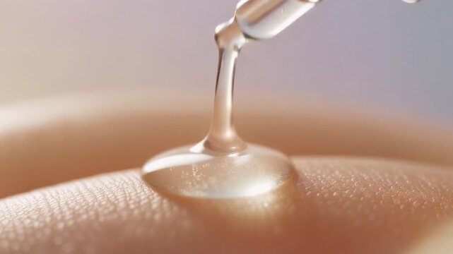 Serum dripping onto textured skin from a glass dropper