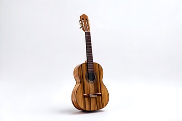 Obraz premium A wooden guitar sits elegantly against a plain background showcasing its beautiful grain pattern.