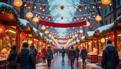 Christmas Marketplace Layout: Festive Night Market, Shoppers and Red Banner for Seasonal Promotions