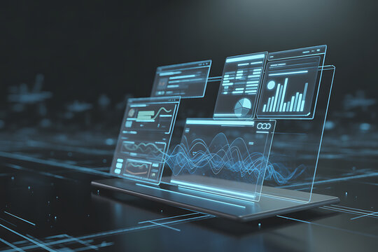 Visualize dynamic data streams and growth charts on futuristic holographic displays showing business analytics and financial trends for modern strategy.