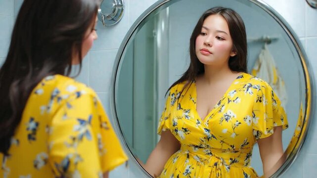 Mirror Reflection of a Woman: A woman gazes introspectively into a circular mirror, her reflection revealing a thoughtful expression, set against the backdrop of a soft, interior scene.  