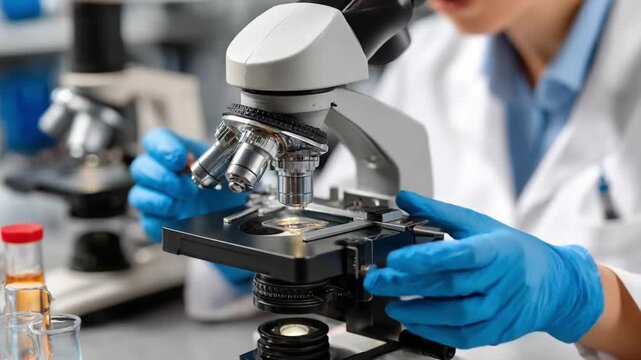Examining Under Microscope: An image capturing a focused researcher with protective blue gloves working intently, utilizing a state-of-the-art microscope in a cutting-edge laboratory environment.