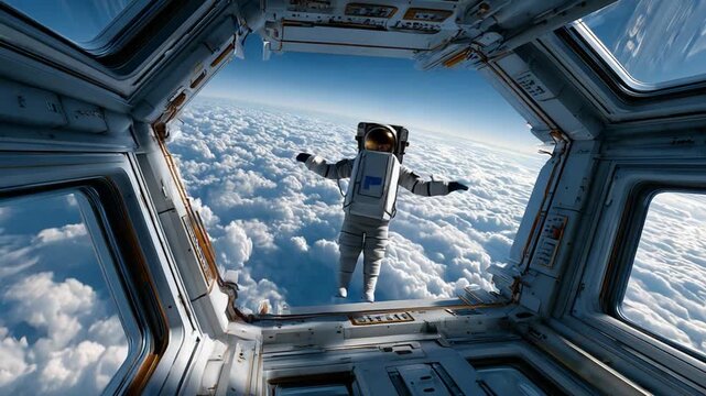 Cosmic Explorer's Perspective: An astronaut floats weightlessly, peering out of a spacecraft window at the ethereal beauty of a cloudscape, a profound connection between humanity and the cosmos.
