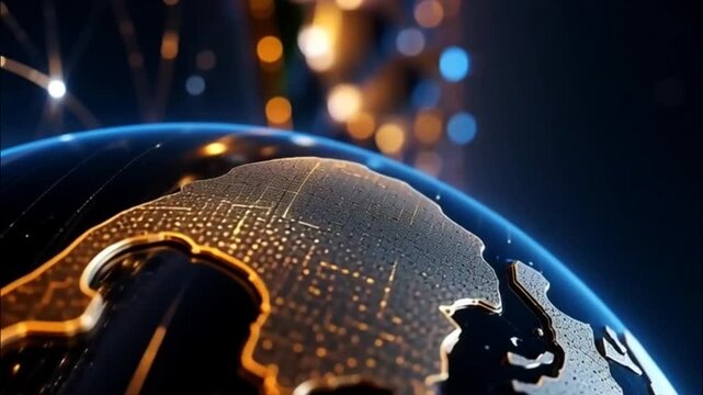 Digital Earth globe on an abstract black background with blue light, symbolizing global technology and communication