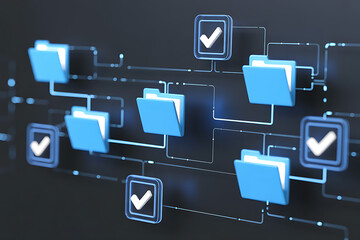 Organize your digital world with this stunning 3D representation of efficient data management and successful project completion using glowing icons.