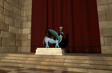 Statue of a Lamassu on a pedestal in a room with stone walls