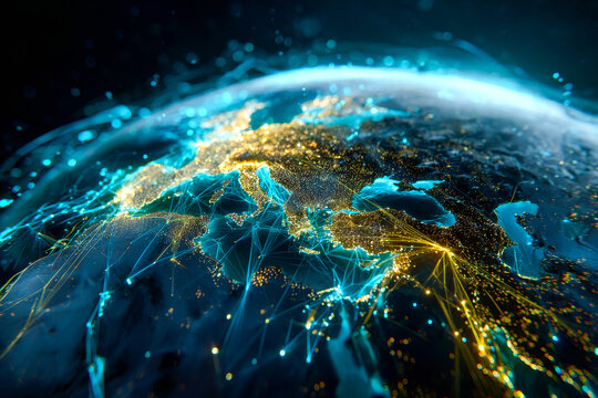 Futuristic global map of Earth showcasing intricate networks in golden and cyan colors - Powered by Adobe