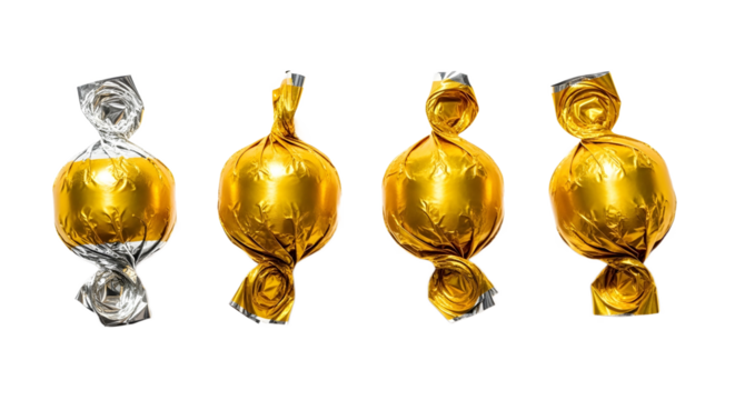Four wrapped candies in gold and silver foil wrap on transparent background